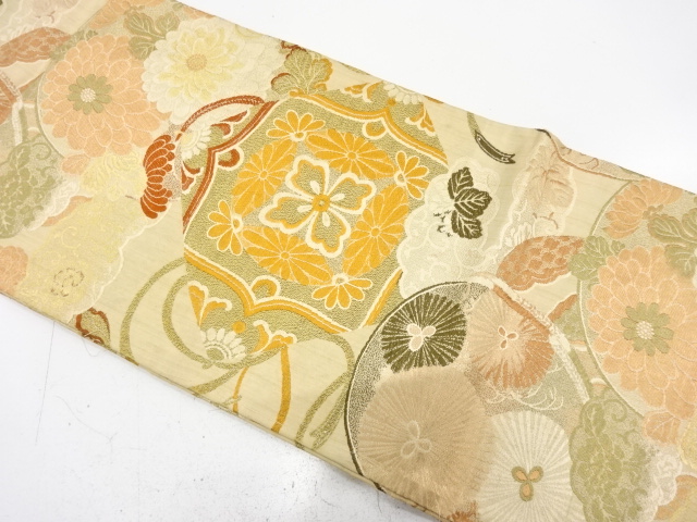 JAPANESE KIMONO / ANTIQUE MARU OBI / WOVEN KIKU & PINECONE & FLORAL CREST